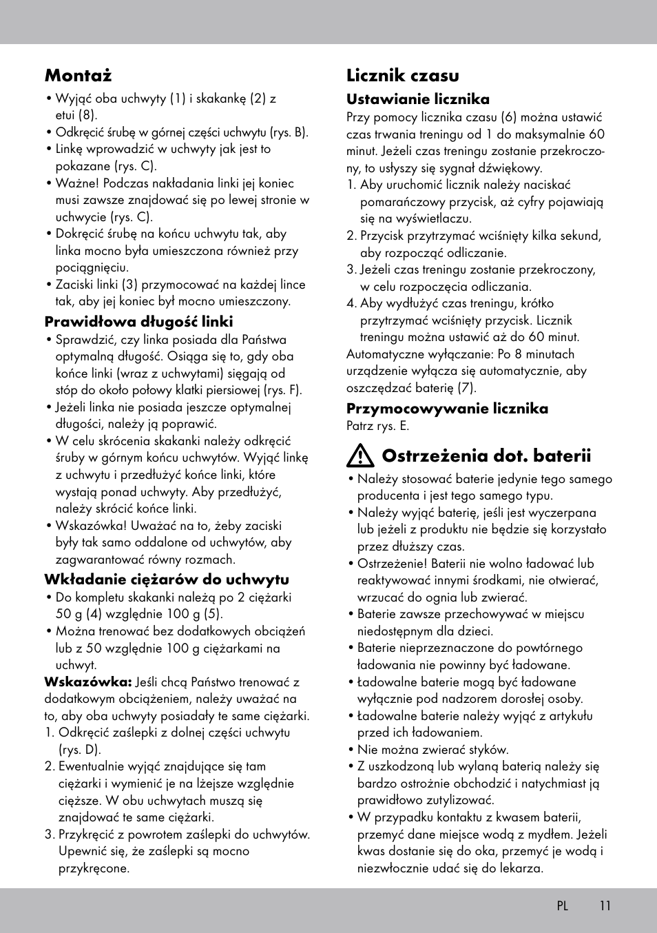 Montaż, Licznik czasu, Ostrzeżenia dot. baterii | Crivit SP-1681 User Manual | Page 11 / 36