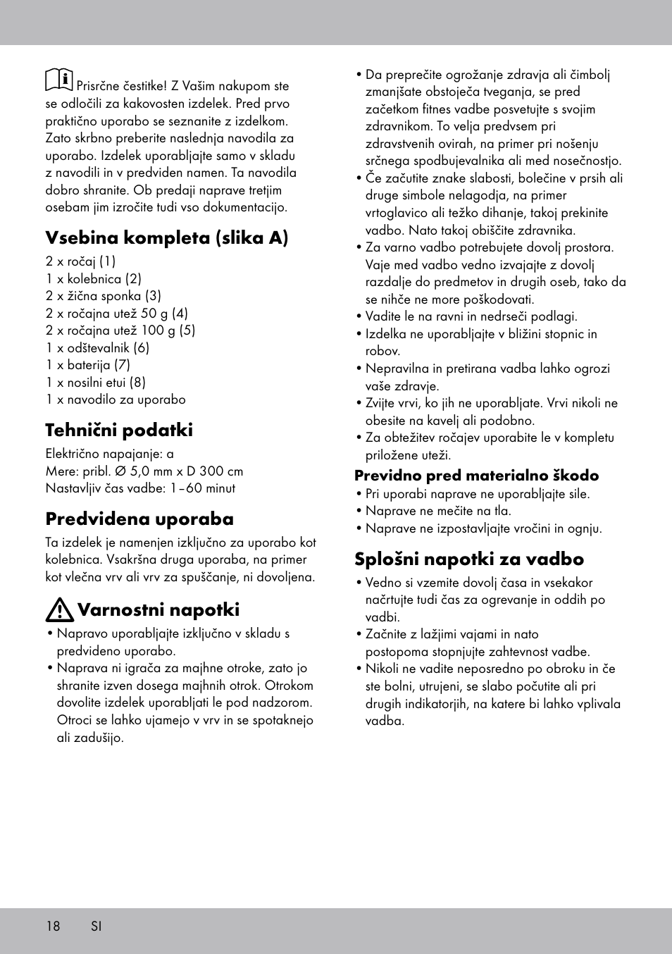 Vsebina kompleta (slika a), Tehnični podatki, Predvidena uporaba | Varnostni napotki, Splošni napotki za vadbo | Crivit SP-1681 User Manual | Page 18 / 36