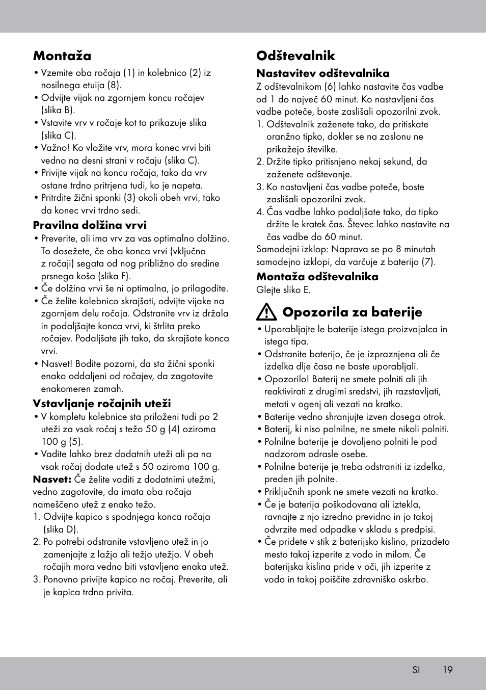 Montaža, Odštevalnik, Opozorila za baterije | Crivit SP-1681 User Manual | Page 19 / 36