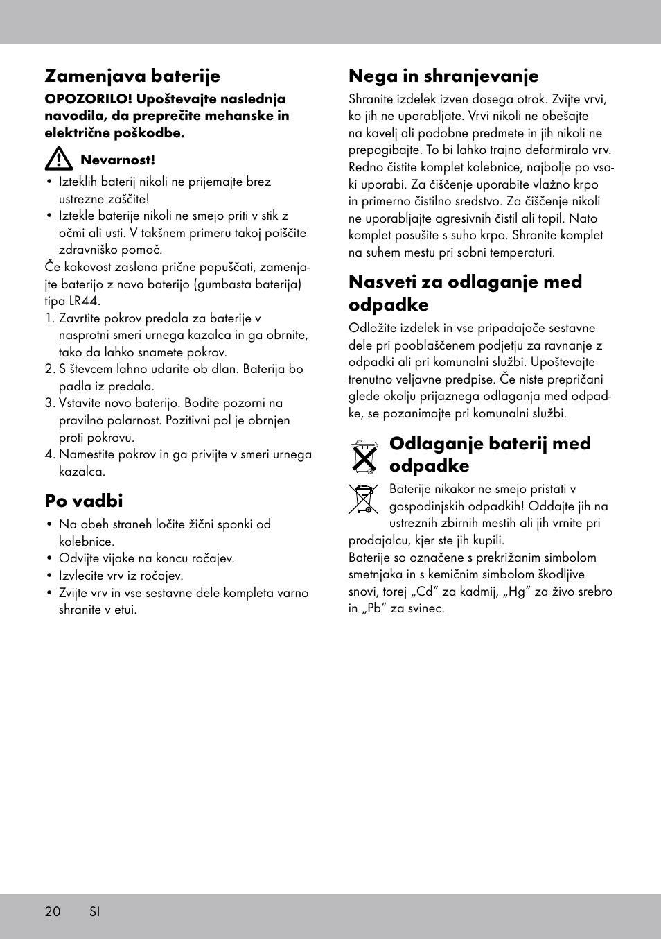 Nega in shranjevanje, Nasveti za odlaganje med odpadke, Odlaganje baterij med odpadke | Zamenjava baterije, Po vadbi | Crivit SP-1681 User Manual | Page 20 / 36