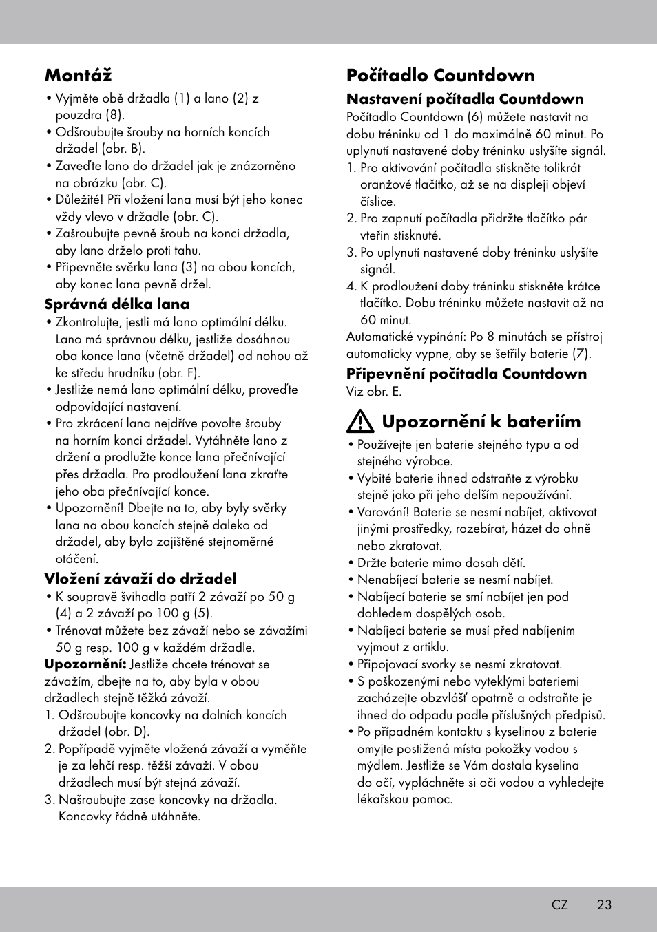 Montáž, Počítadlo countdown, Upozornění k bateriím | Crivit SP-1681 User Manual | Page 23 / 36