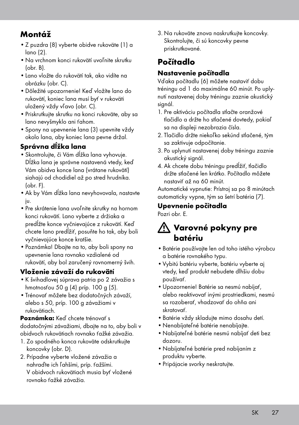 Montáž, Počítadlo, Varovné pokyny pre batériu | Crivit SP-1681 User Manual | Page 27 / 36
