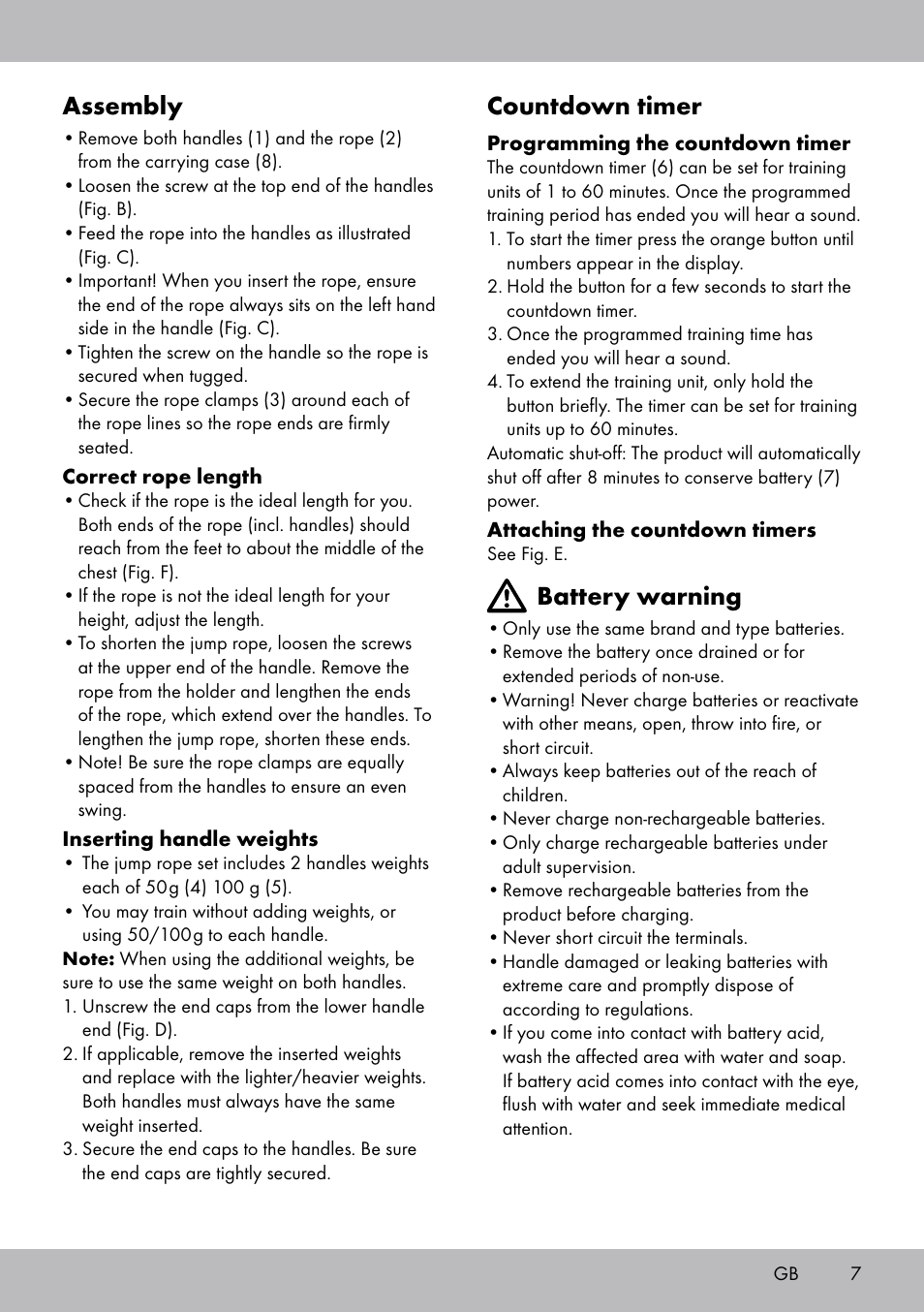 Assembly, Countdown timer, Battery warning | Crivit SP-1681 User Manual | Page 7 / 36