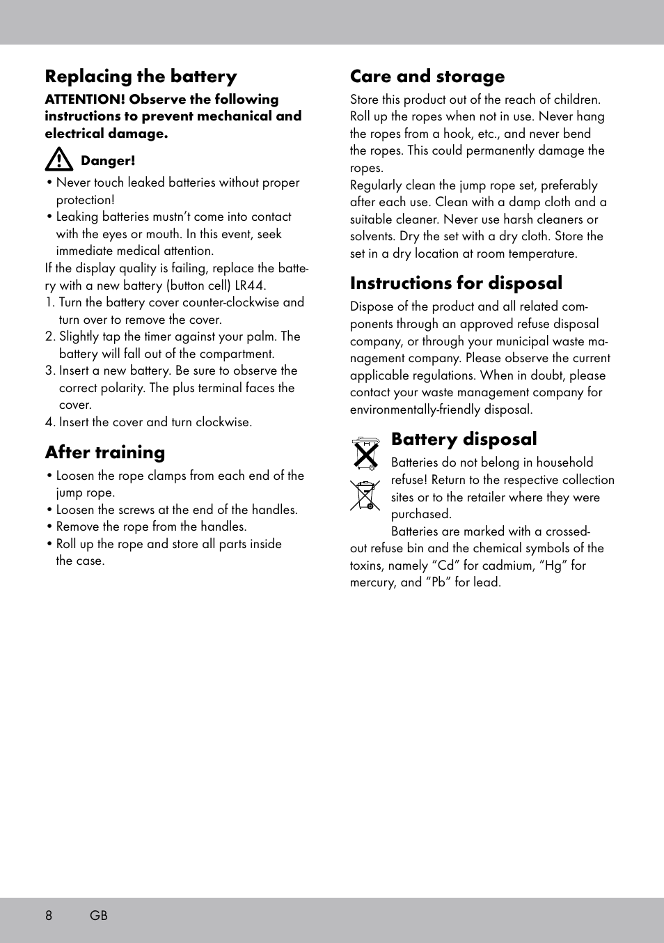 Replacing the battery, After training, Care and storage | Instructions for disposal, Battery disposal | Crivit SP-1681 User Manual | Page 8 / 36
