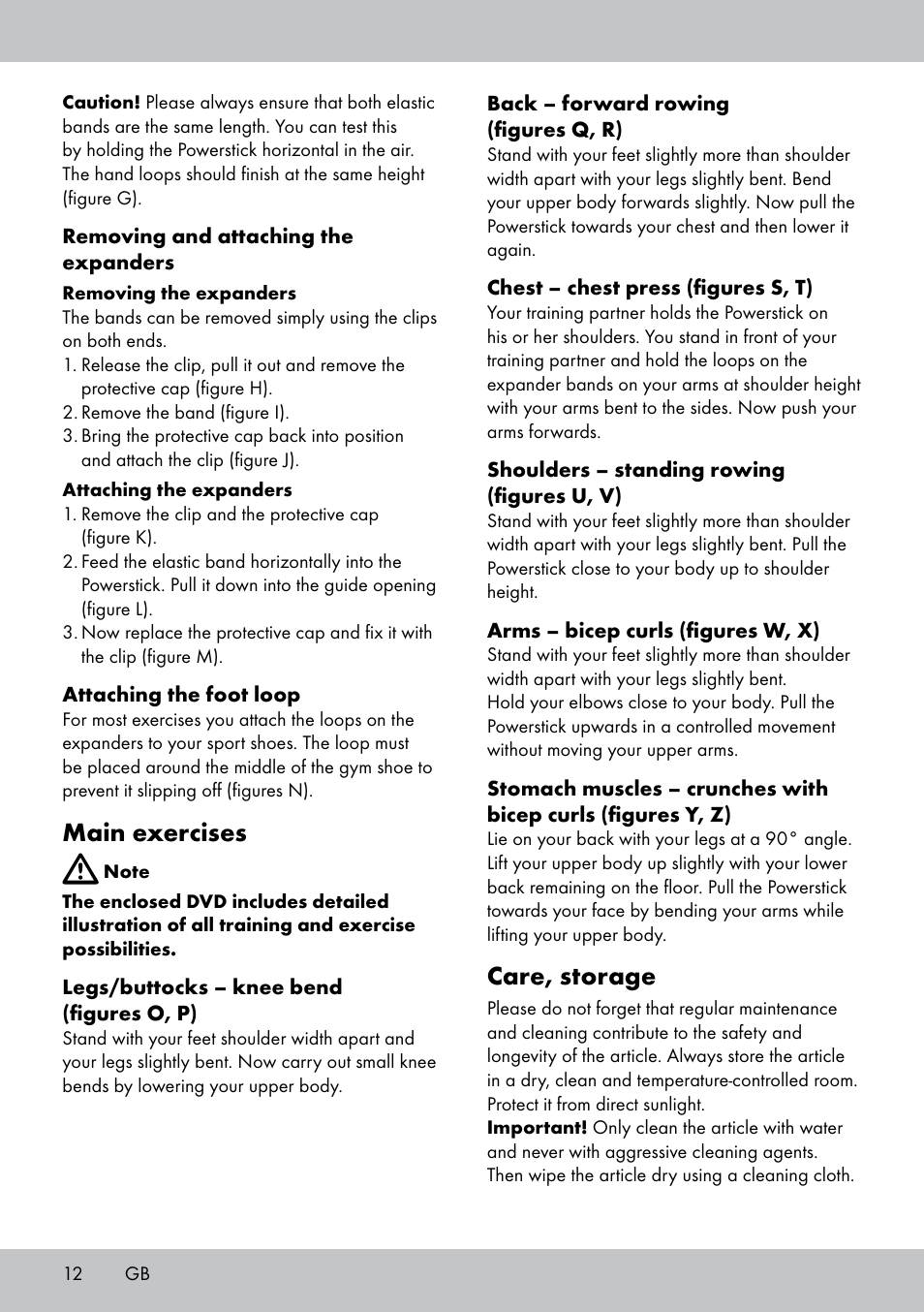Main exercises, Care, storage | Crivit PS-1748 User Manual | Page 12 / 20