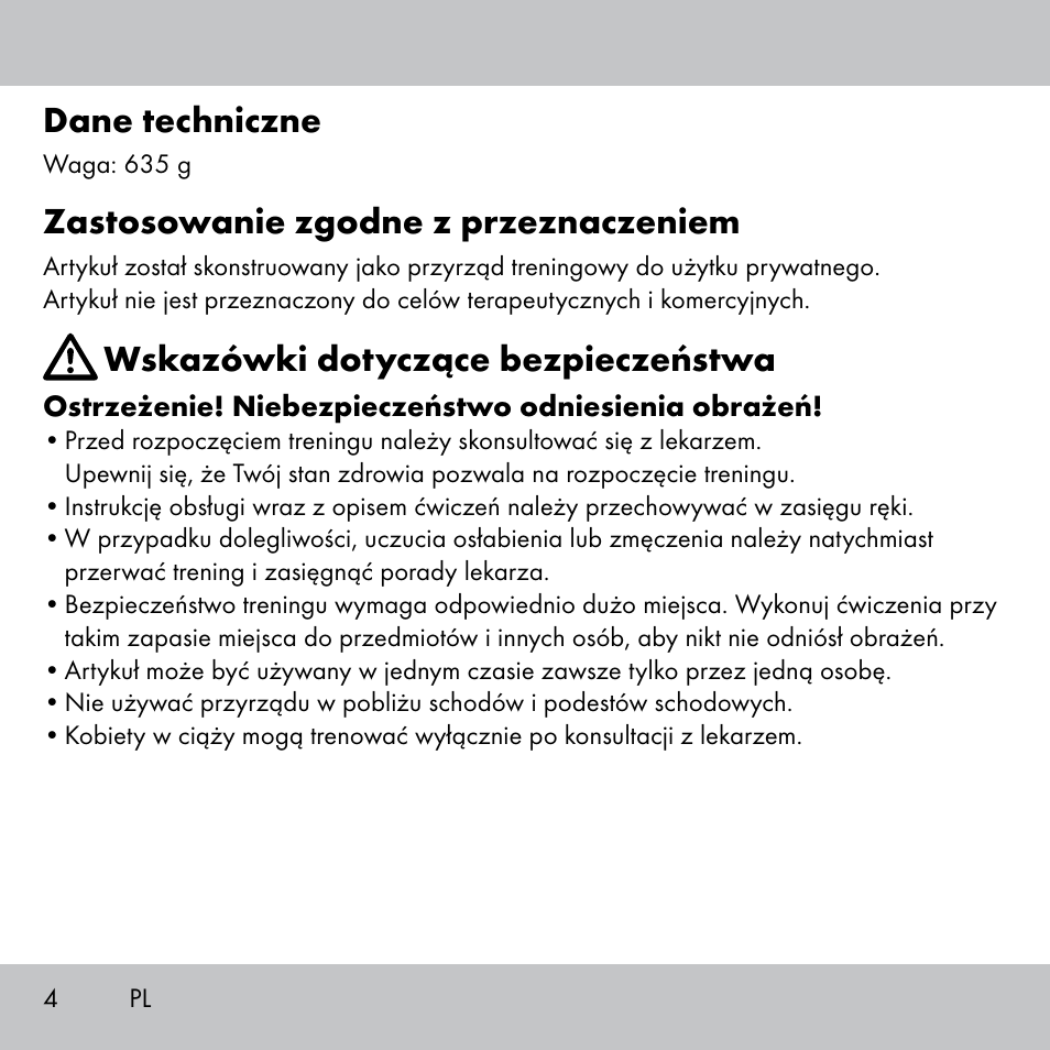 Dane techniczne, Zastosowanie zgodne z przeznaczeniem, Wskazówki dotyczące bezpieczeństwa | Crivit Fitness Swing Stick User Manual | Page 2 / 63
