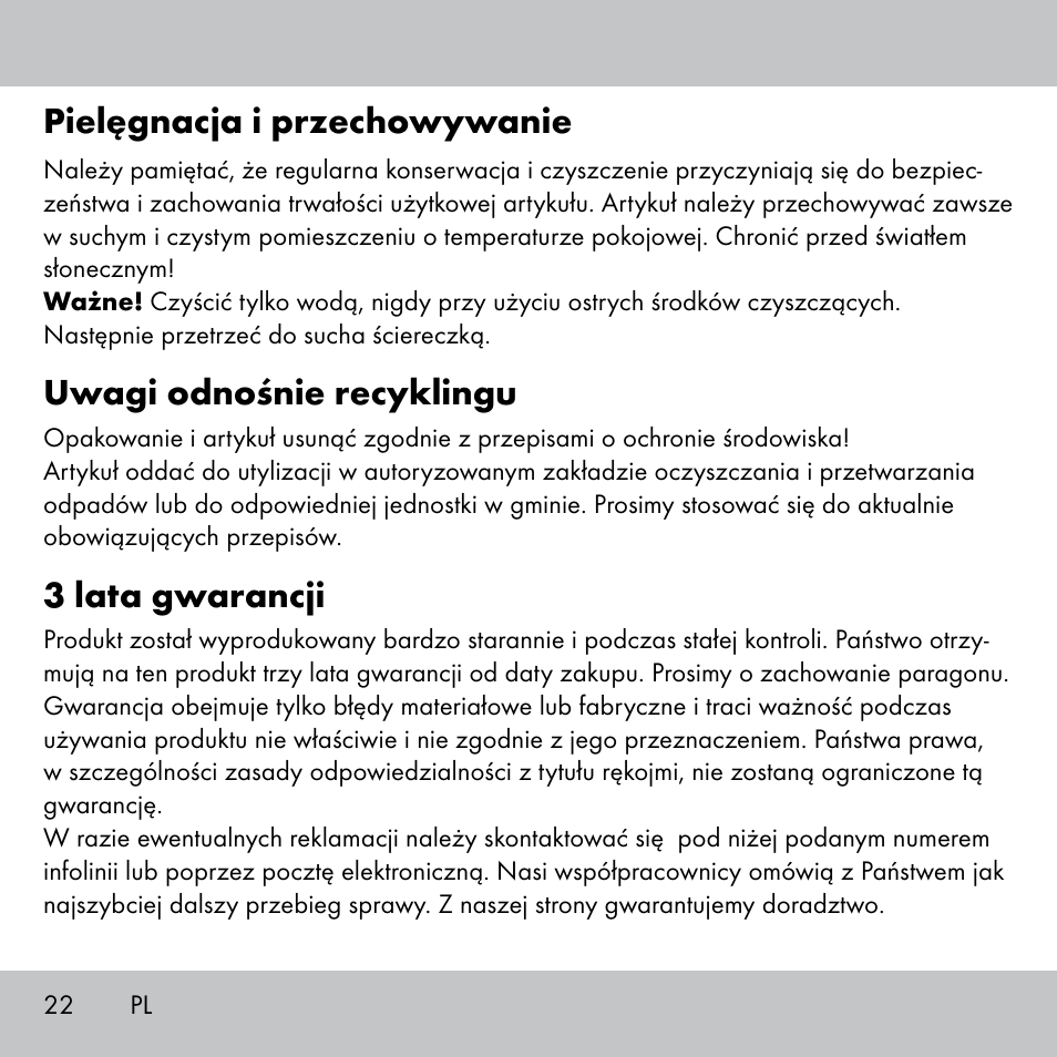 Pielęgnacja i przechowywanie, Uwagi odnośnie recyklingu, 3 lata gwarancji | Crivit Fitness Swing Stick User Manual | Page 20 / 63
