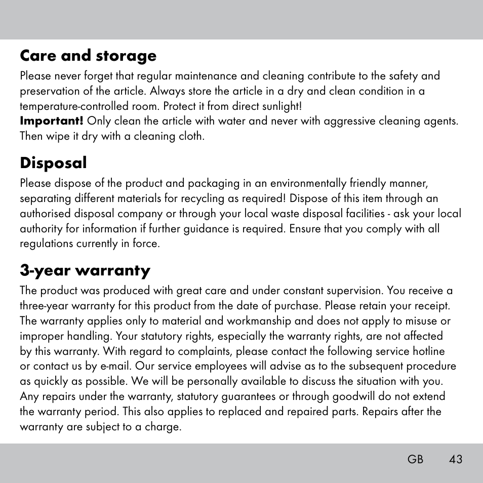 Care and storage, Disposal, Year warranty | Crivit Fitness Swing Stick User Manual | Page 41 / 63