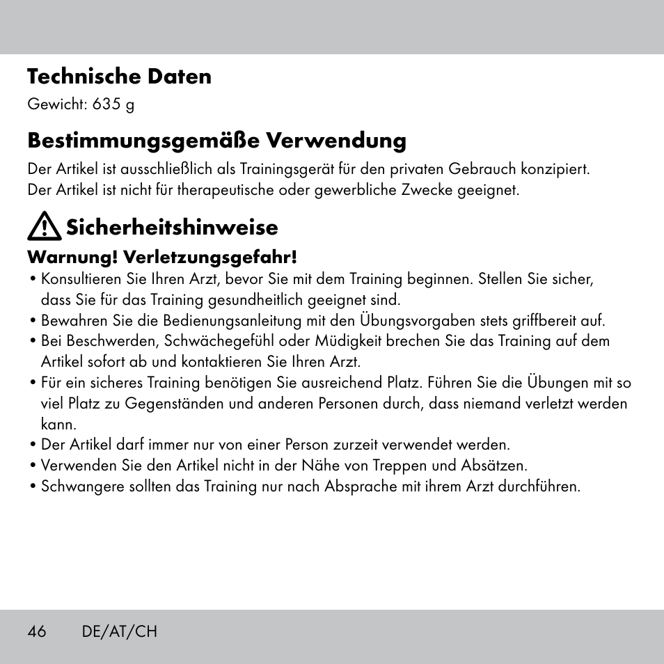 Technische daten, Bestimmungsgemäße verwendung, Sicherheitshinweise | Crivit Fitness Swing Stick User Manual | Page 44 / 63