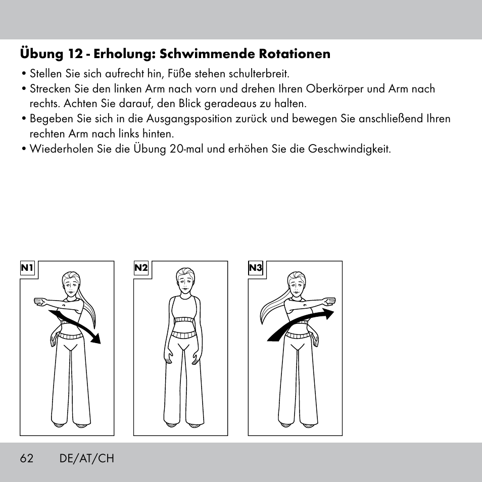 Übung 12 - erholung: schwimmende rotationen | Crivit Fitness Swing Stick User Manual | Page 60 / 63