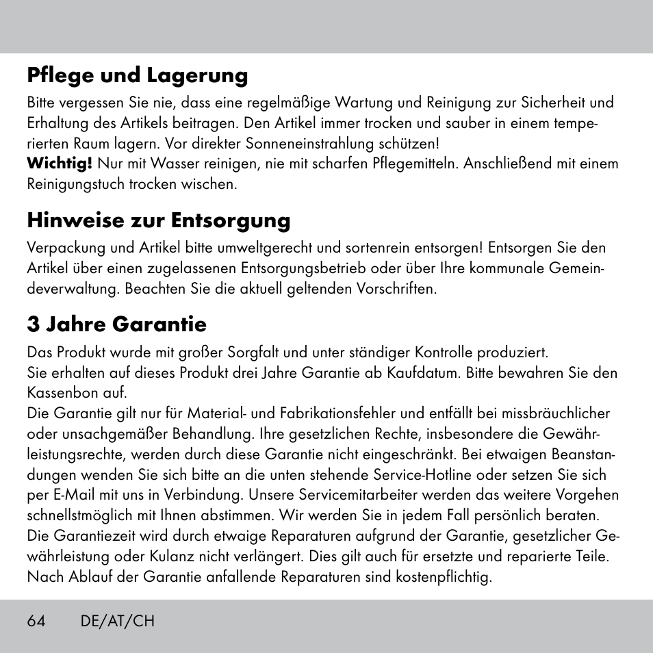 Pflege und lagerung, Hinweise zur entsorgung, 3 jahre garantie | Crivit Fitness Swing Stick User Manual | Page 62 / 63