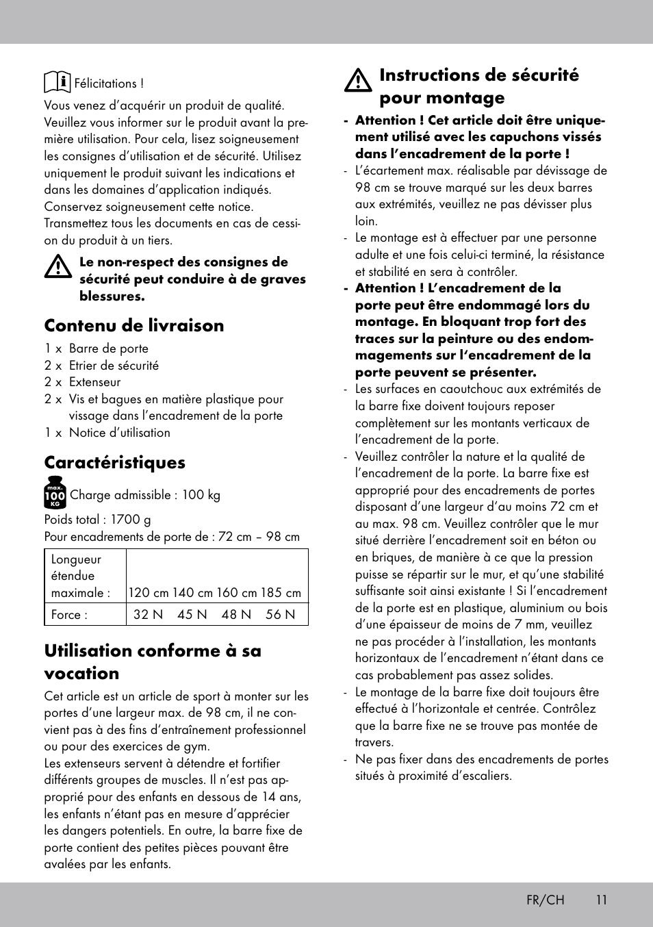 Contenu de livraison, Caractéristiques, Utilisation conforme à sa vocation | Instructions de sécurité pour montage | Crivit TB-1443 User Manual | Page 11 / 32