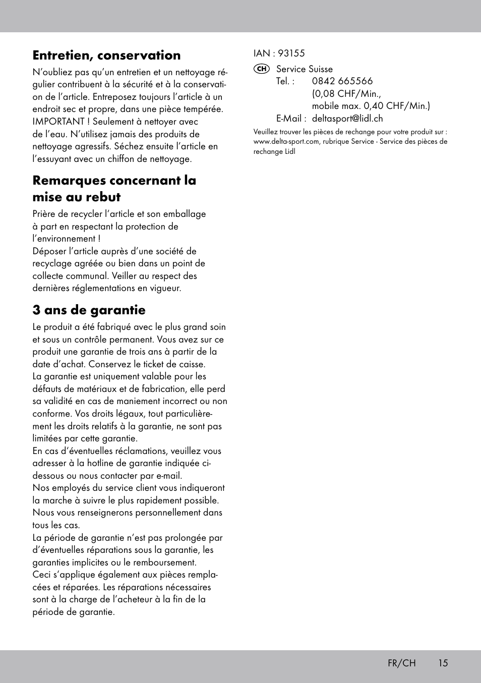 Entretien, conservation, Remarques concernant la mise au rebut, 3 ans de garantie | Crivit TB-1443 User Manual | Page 15 / 32