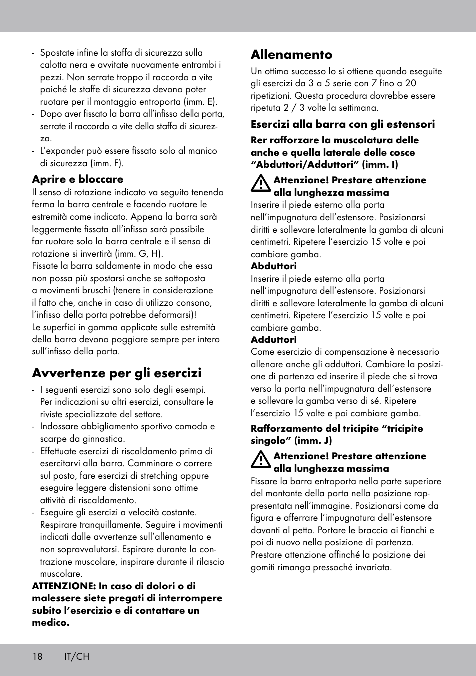 Allenamento, Avvertenze per gli esercizi | Crivit TB-1443 User Manual | Page 18 / 32