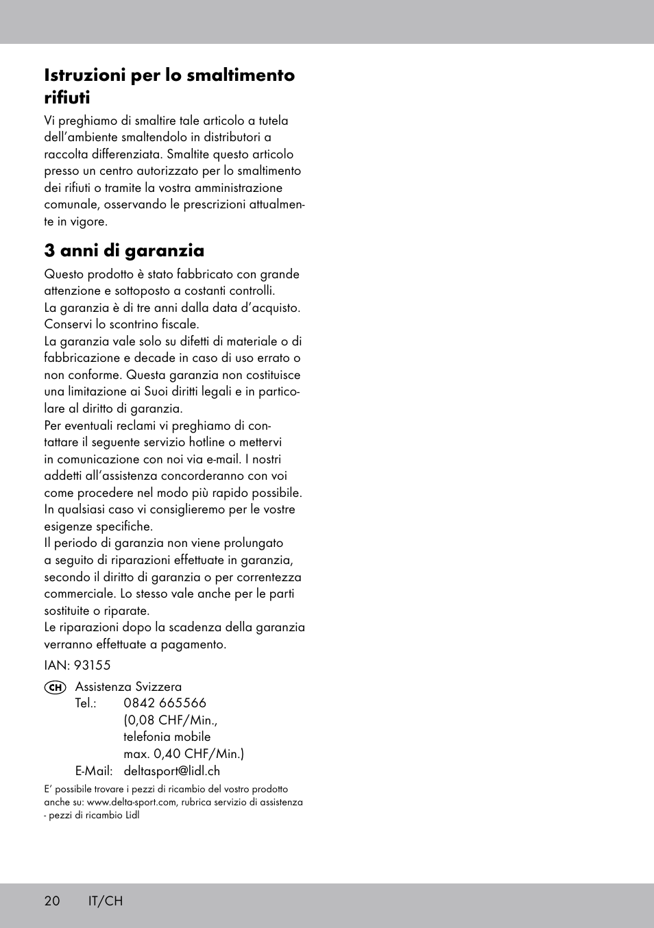 Istruzioni per lo smaltimento rifiuti, 3 anni di garanzia | Crivit TB-1443 User Manual | Page 20 / 32