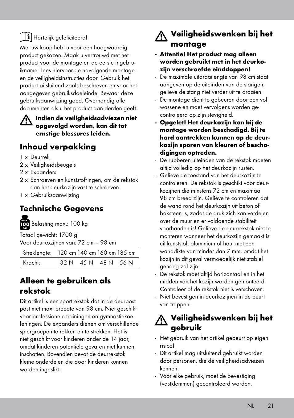 Inhoud verpakking, Technische gegevens, Alleen te gebruiken als rekstok | Veiligheidswenken bij het montage, Veiligheidswenken bij het gebruik | Crivit TB-1443 User Manual | Page 21 / 32