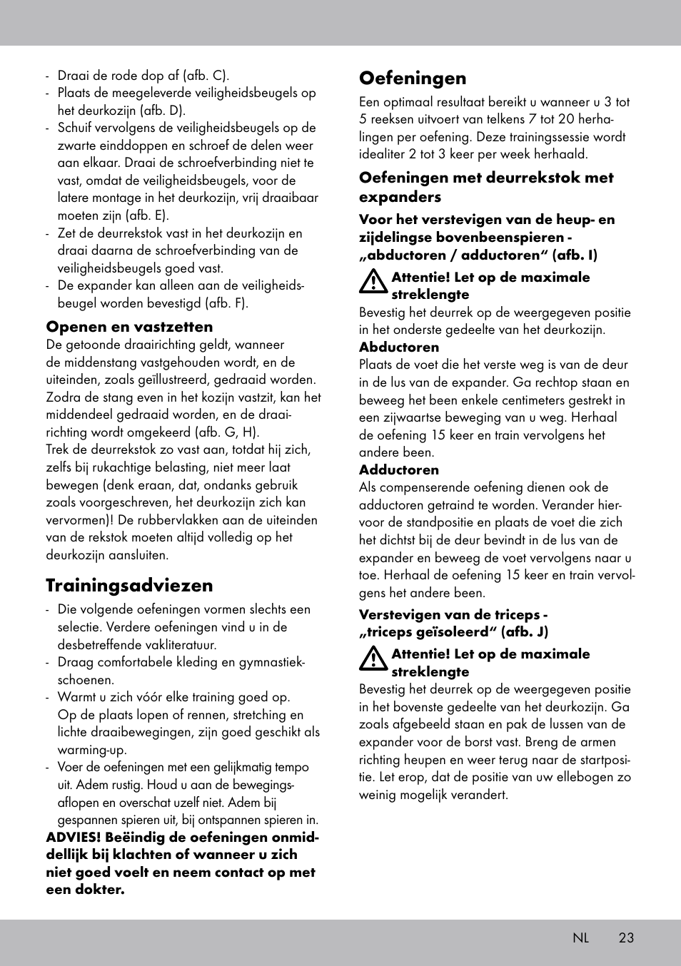 Oefeningen, Trainingsadviezen | Crivit TB-1443 User Manual | Page 23 / 32
