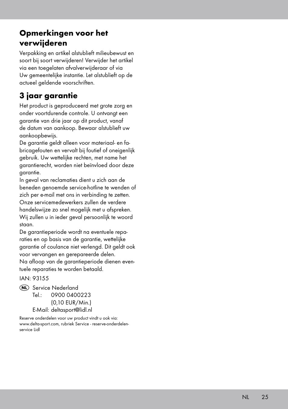Opmerkingen voor het verwijderen, 3 jaar garantie | Crivit TB-1443 User Manual | Page 25 / 32
