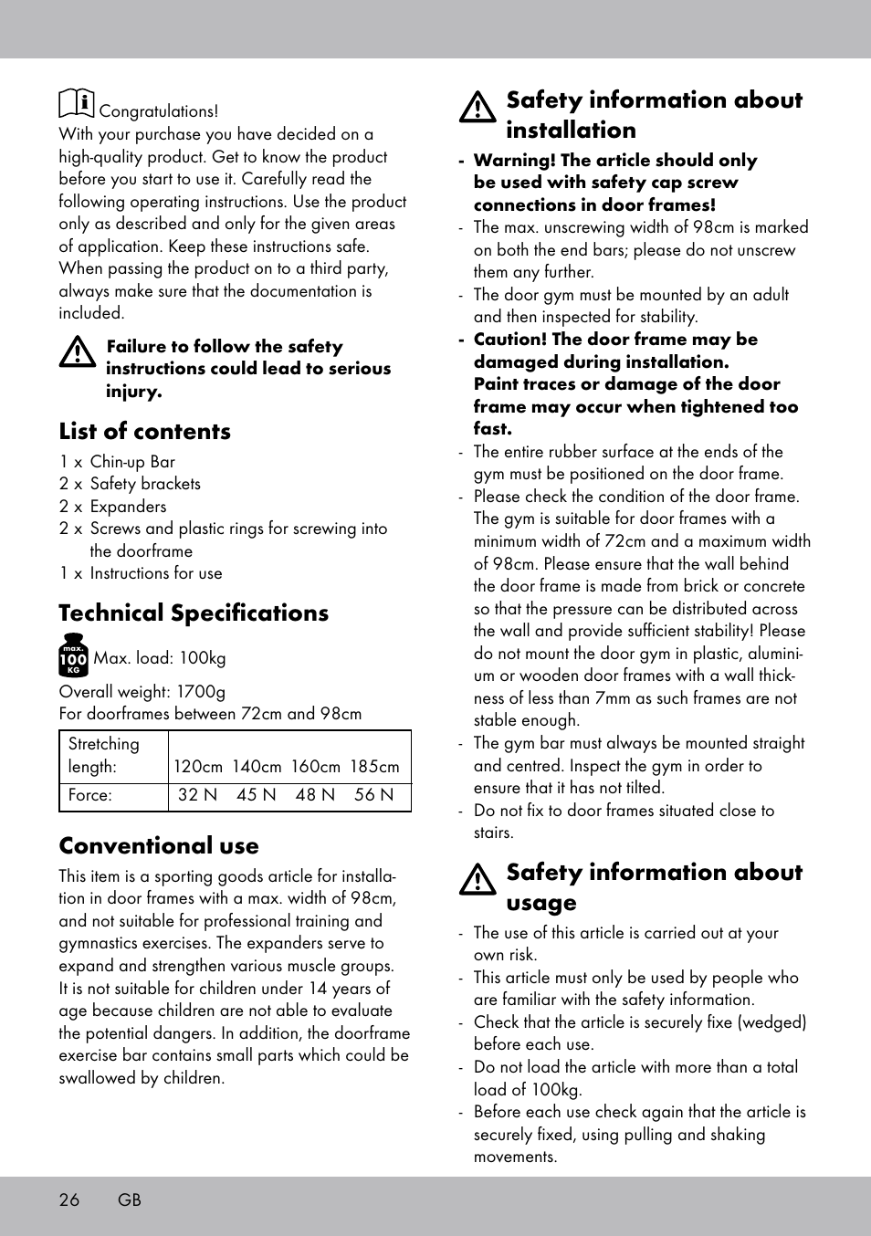 List of contents, Technical specifications, Conventional use | Safety information about installation, Safety information about usage | Crivit TB-1443 User Manual | Page 26 / 32