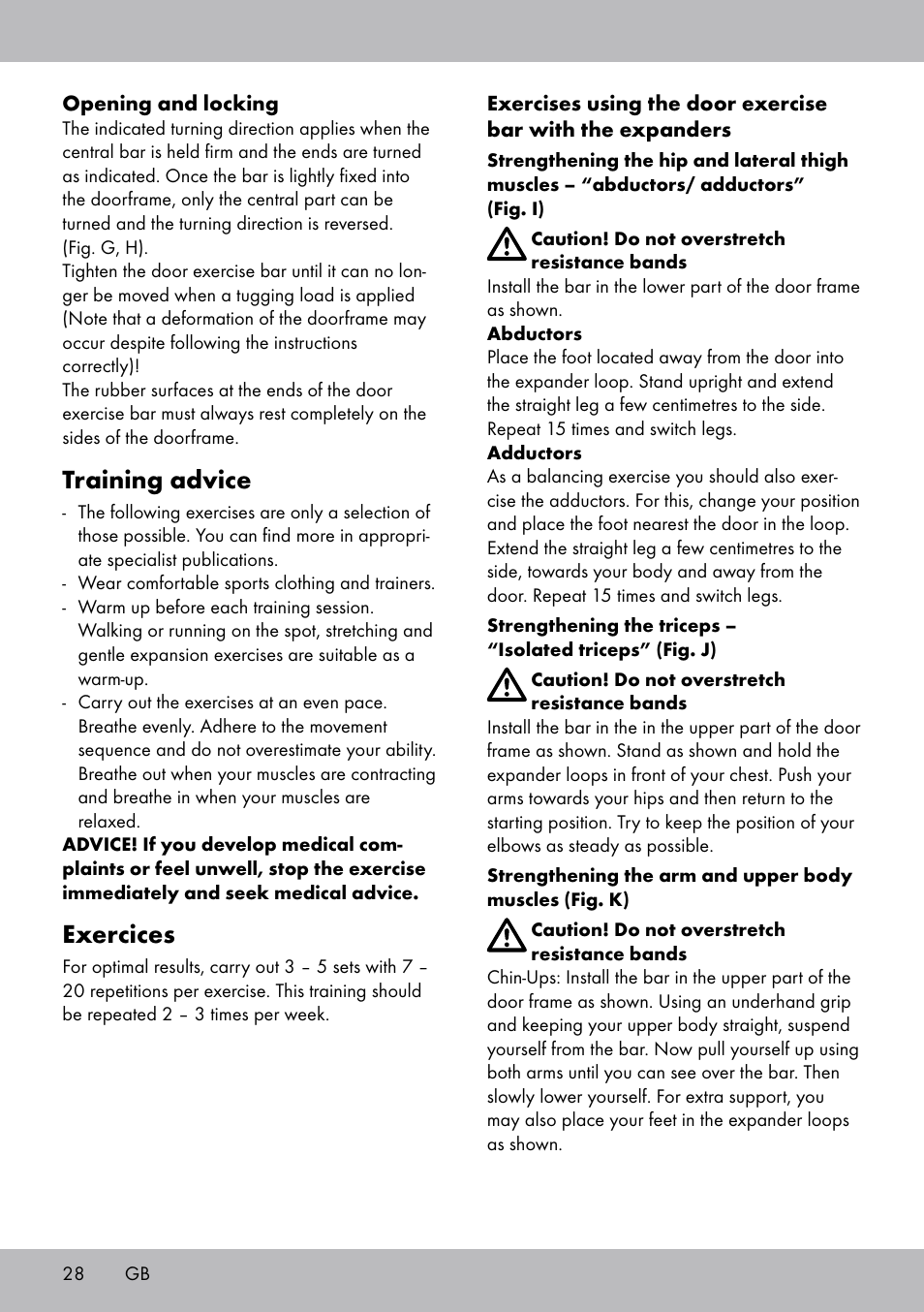 Training advice, Exercices | Crivit TB-1443 User Manual | Page 28 / 32