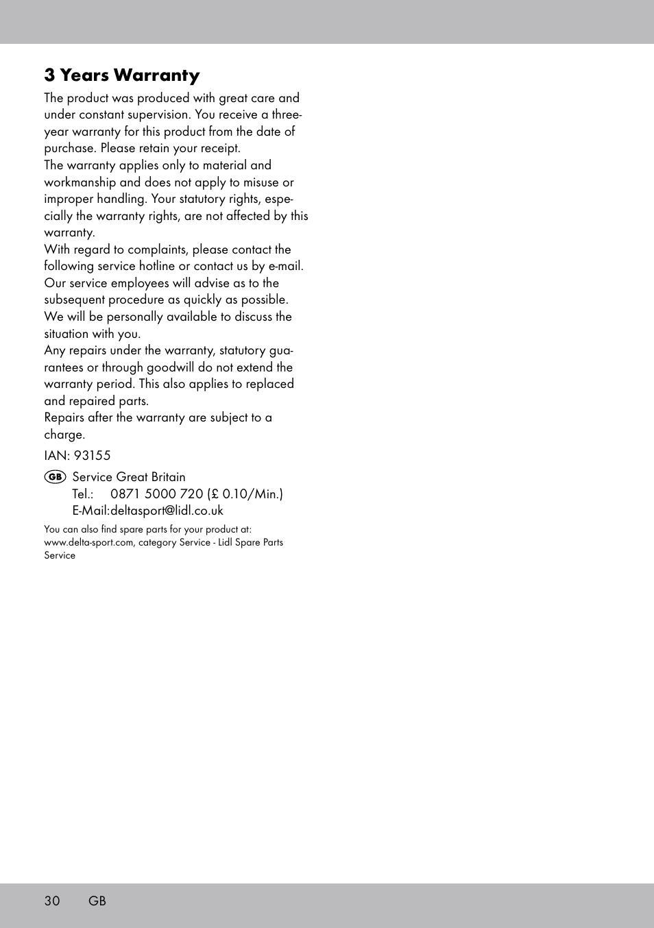3 years warranty | Crivit TB-1443 User Manual | Page 30 / 32