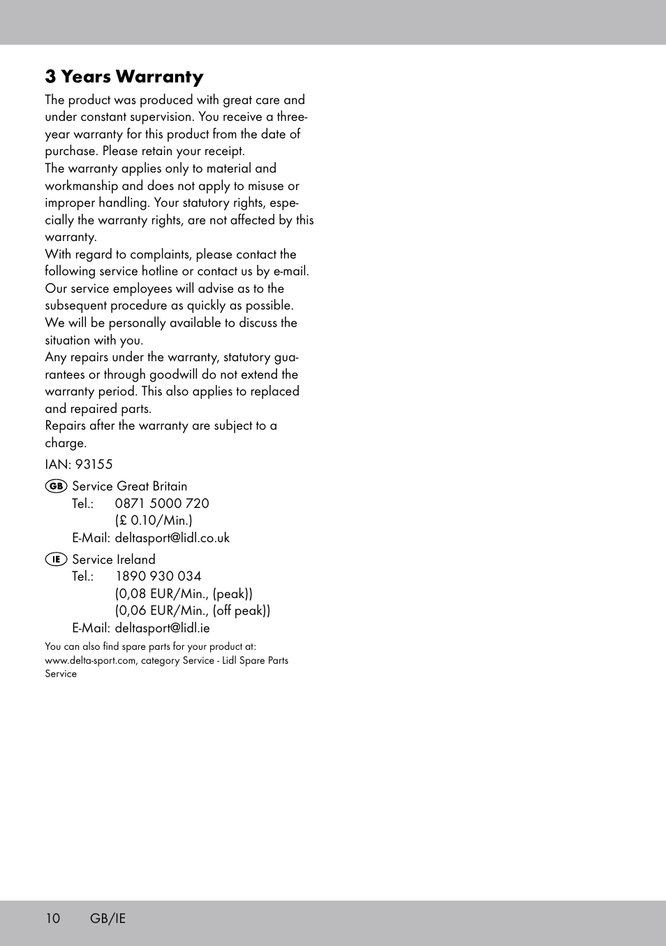 3 years warranty | Crivit TB-1443 User Manual | Page 10 / 44