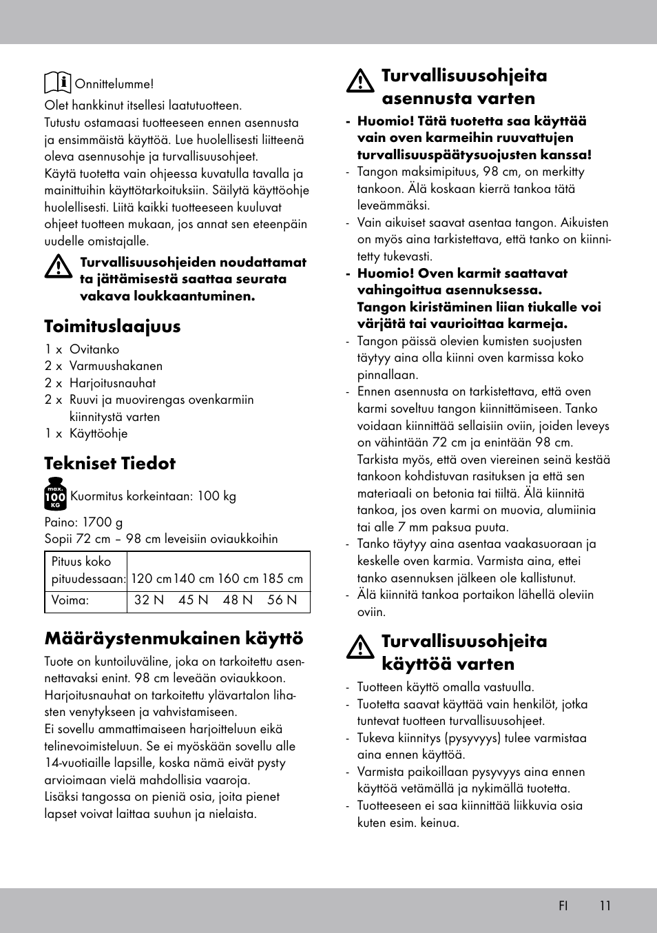 Toimituslaajuus, Tekniset tiedot, Määräystenmukainen käyttö | Turvallisuusohjeita asennusta varten, Turvallisuusohjeita käyttöä varten | Crivit TB-1443 User Manual | Page 11 / 44