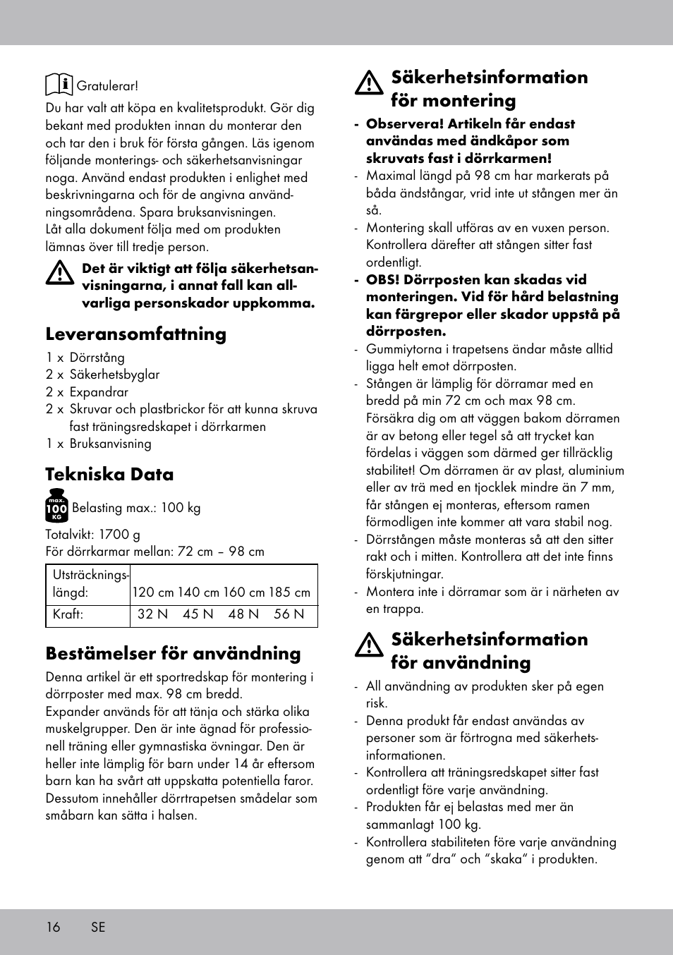 Leveransomfattning, Tekniska data, Bestämelser för användning | Säkerhetsinformation för montering, Säkerhetsinformation för användning | Crivit TB-1443 User Manual | Page 16 / 44