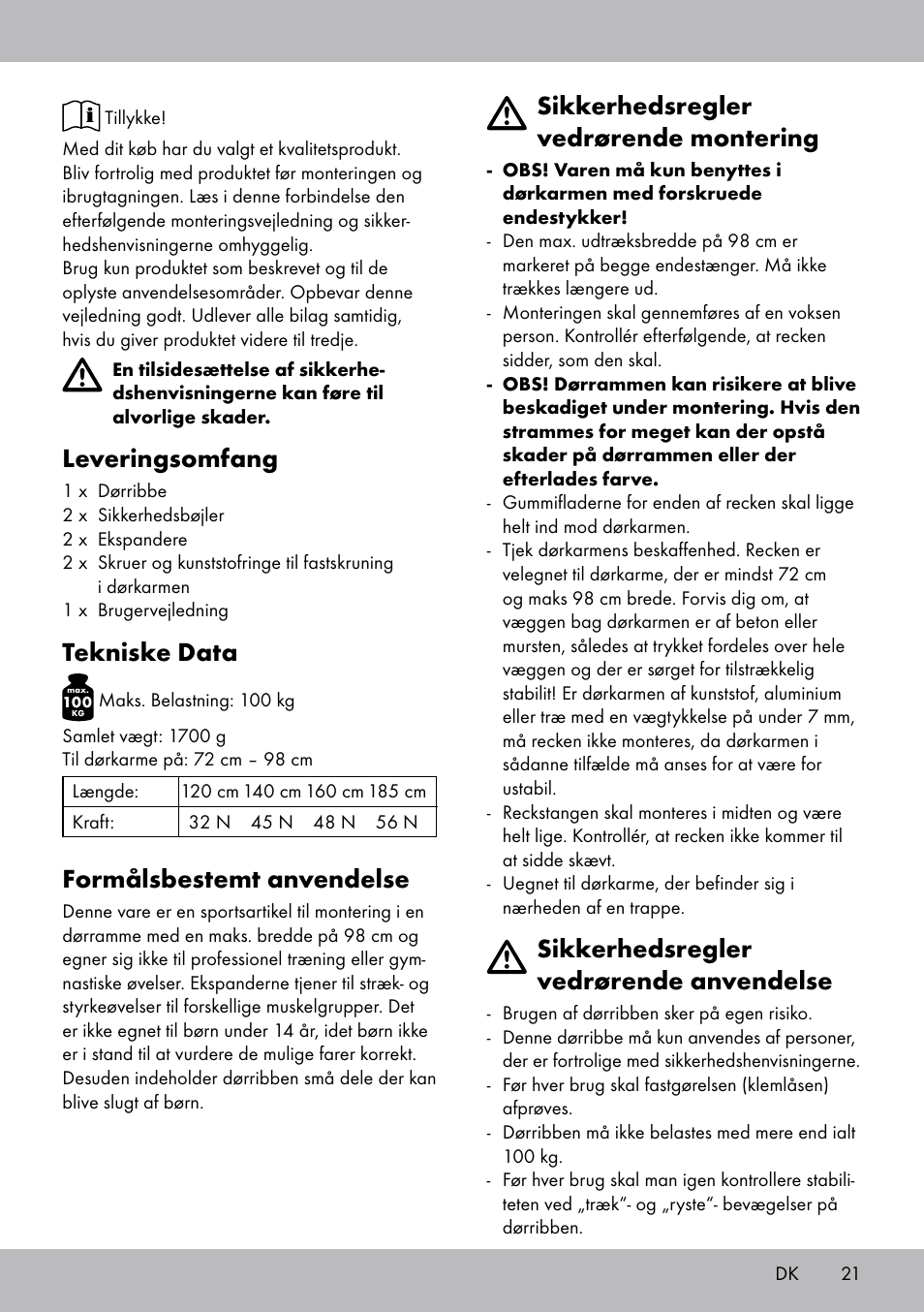 Leveringsomfang, Tekniske data, Formålsbestemt anvendelse | Sikkerhedsregler vedrørende montering, Sikkerhedsregler vedrørende anvendelse | Crivit TB-1443 User Manual | Page 21 / 44