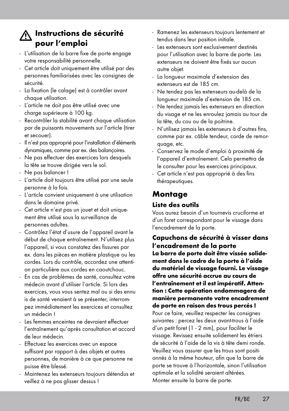 Instructions de sécurité pour l‘emploi, Montage | Crivit TB-1443 User Manual | Page 27 / 44