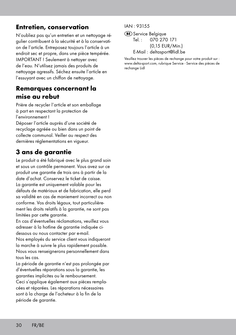 Entretien, conservation, Remarques concernant la mise au rebut, 3 ans de garantie | Crivit TB-1443 User Manual | Page 30 / 44