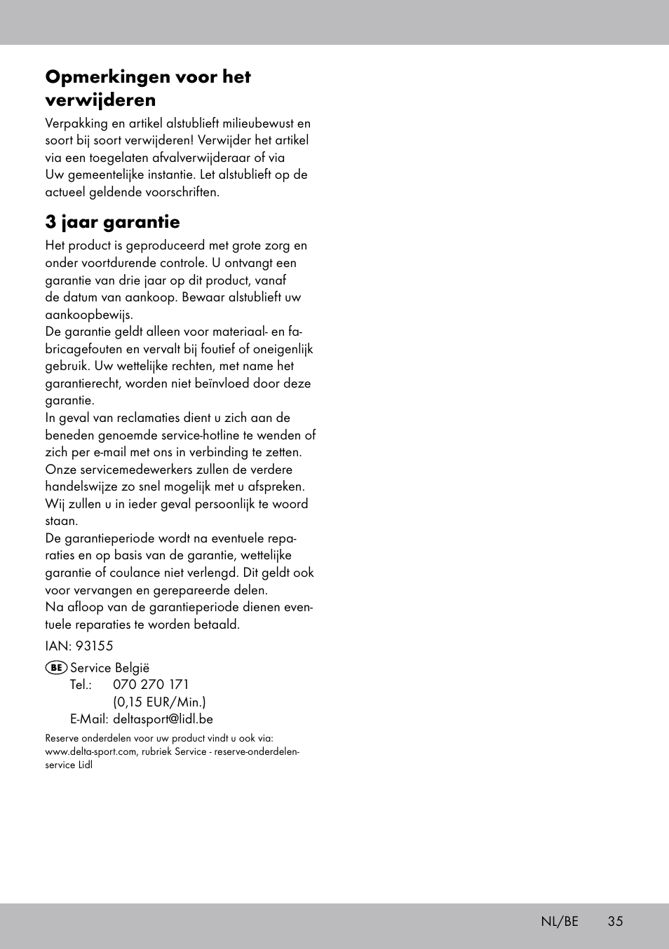 Opmerkingen voor het verwijderen, 3 jaar garantie | Crivit TB-1443 User Manual | Page 35 / 44