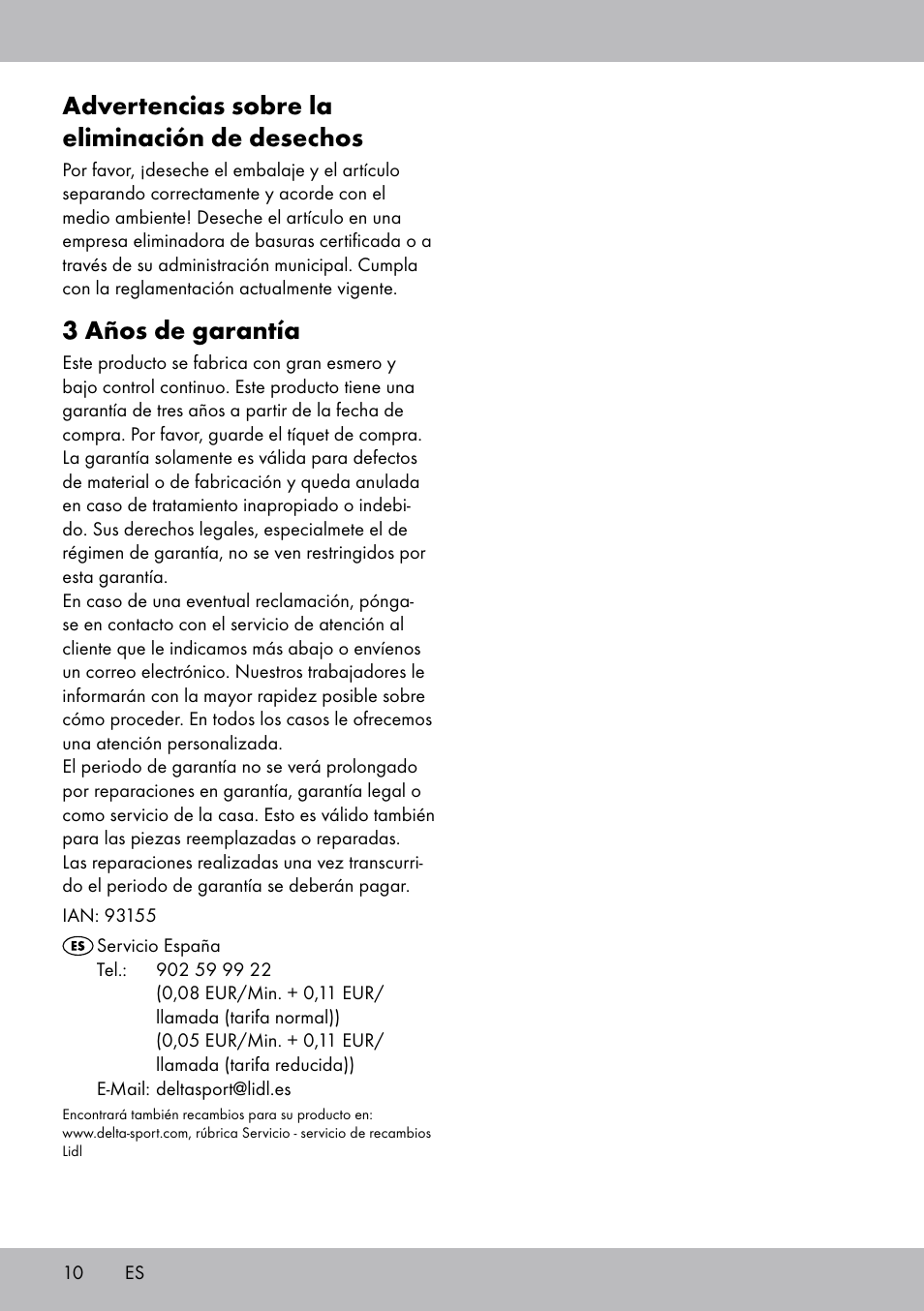 Advertencias sobre la eliminación de desechos, 3 años de garantía | Crivit TB-1443 User Manual | Page 10 / 32