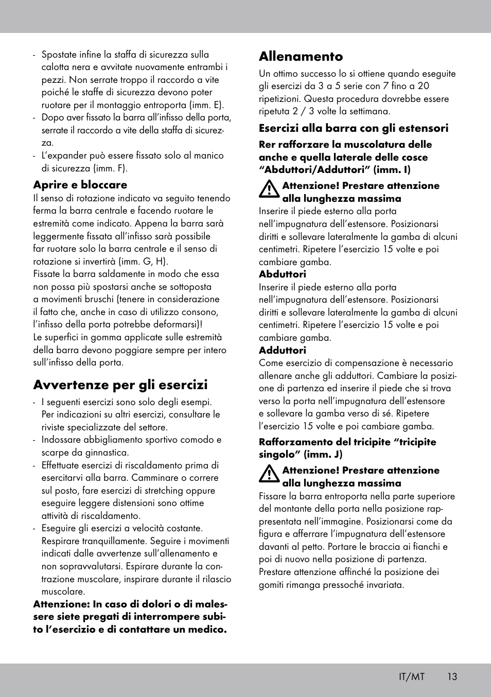 Allenamento, Avvertenze per gli esercizi | Crivit TB-1443 User Manual | Page 13 / 32