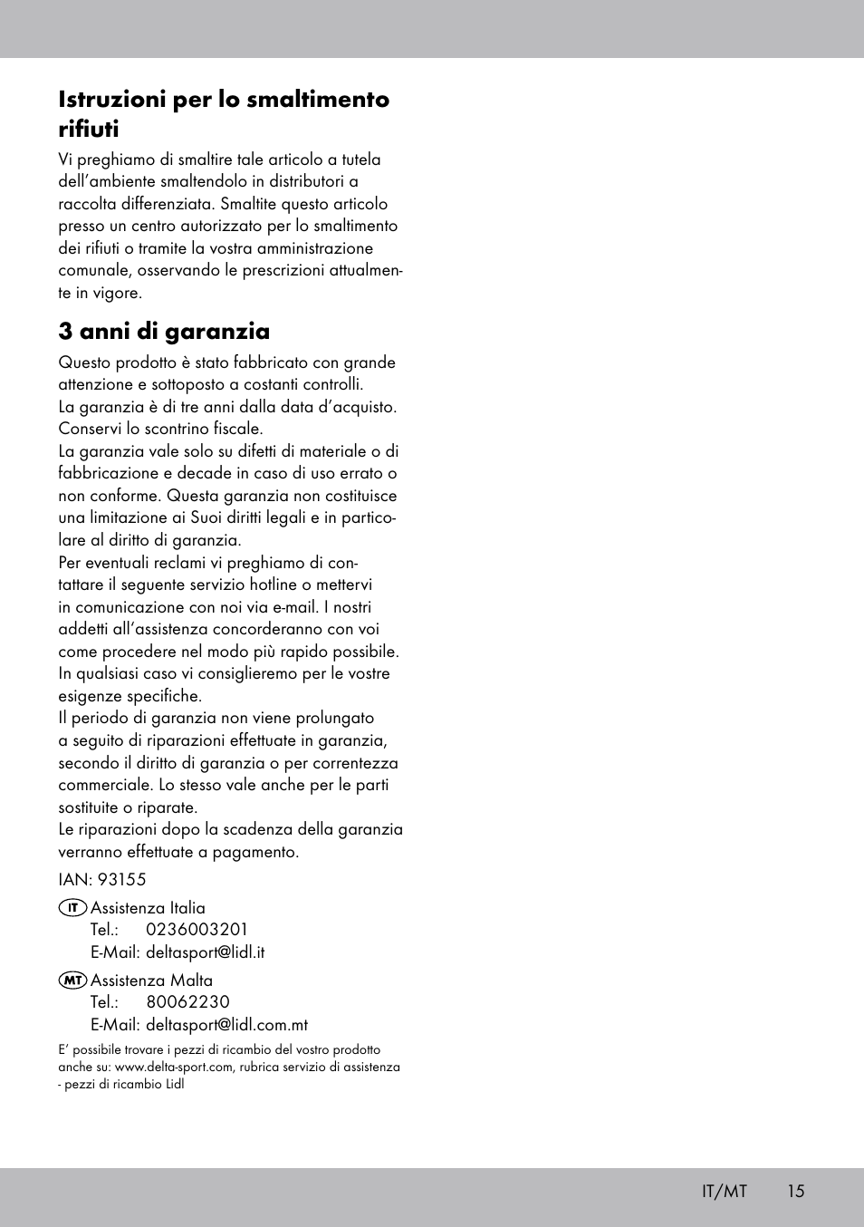 Istruzioni per lo smaltimento rifiuti, 3 anni di garanzia | Crivit TB-1443 User Manual | Page 15 / 32