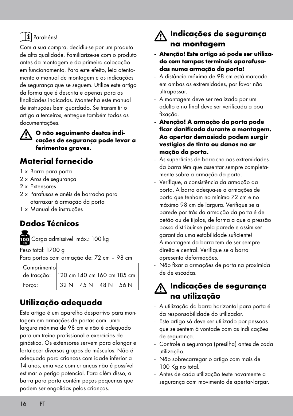 Material fornecido, Dados técnicos, Utilização adequada | Indicações de segurança na montagem, Indicações de segurança na utilização | Crivit TB-1443 User Manual | Page 16 / 32