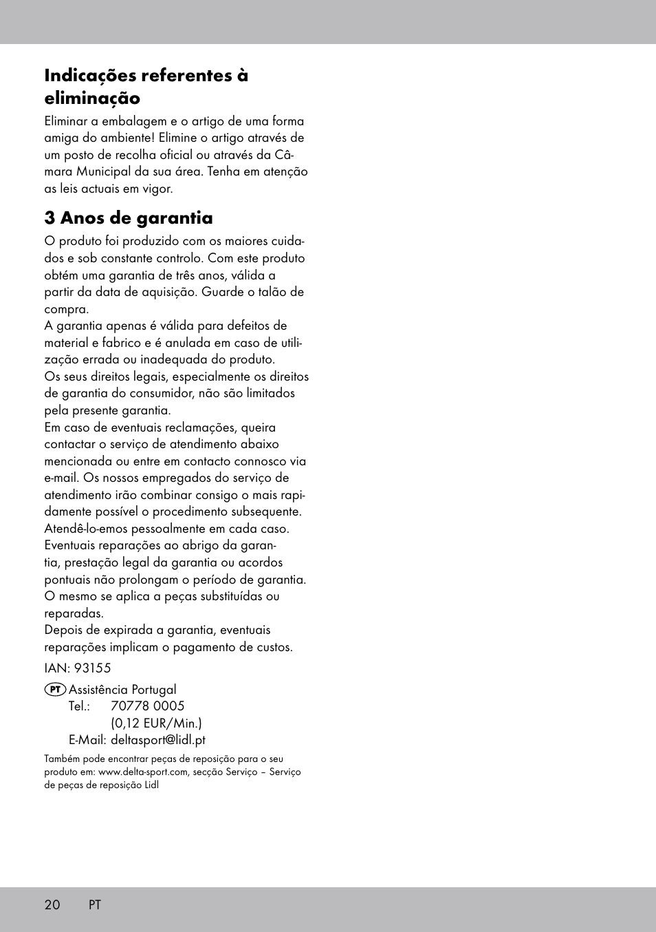 Indicações referentes à eliminação, 3 anos de garantia | Crivit TB-1443 User Manual | Page 20 / 32