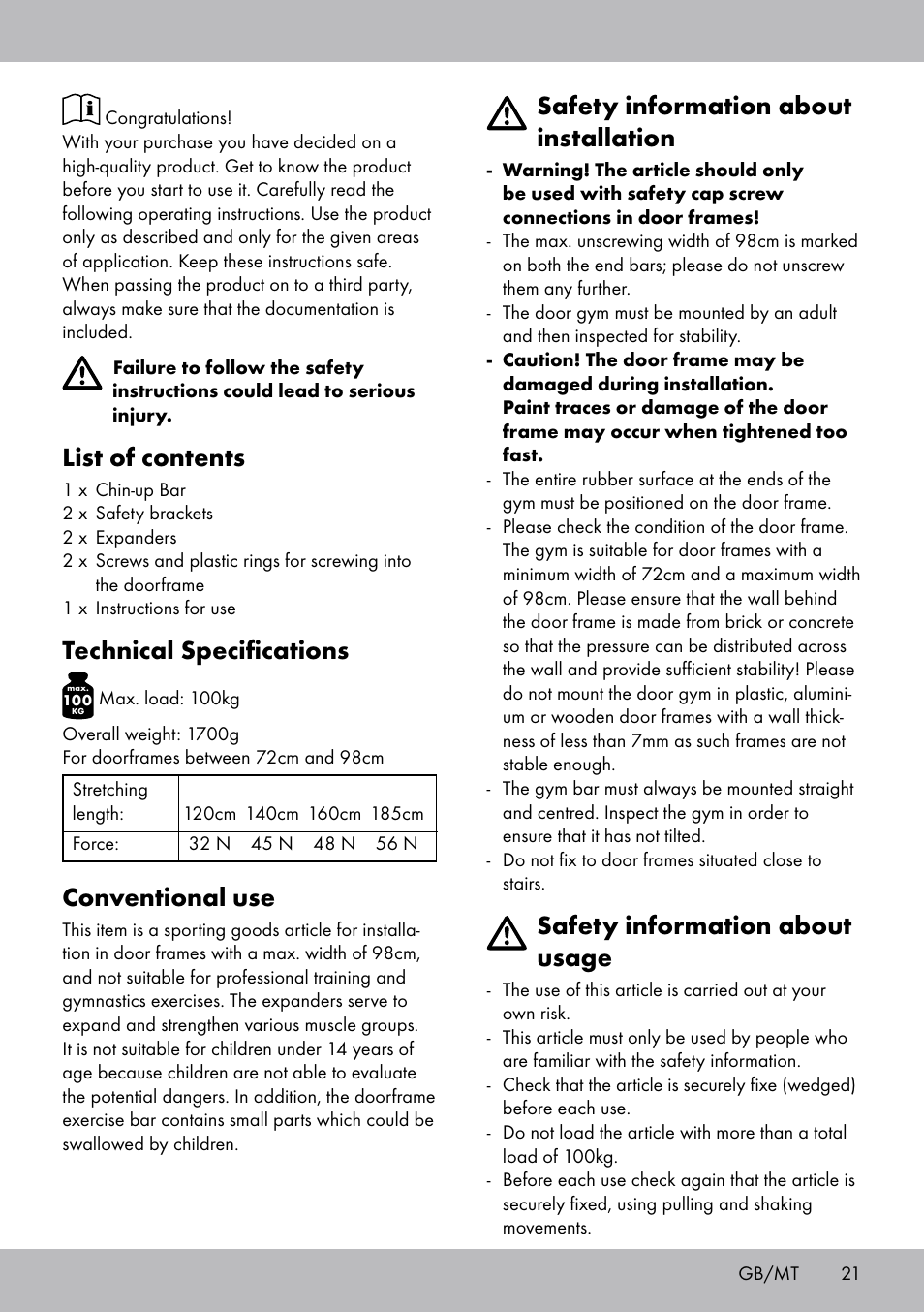 List of contents, Technical specifications, Conventional use | Safety information about installation, Safety information about usage | Crivit TB-1443 User Manual | Page 21 / 32
