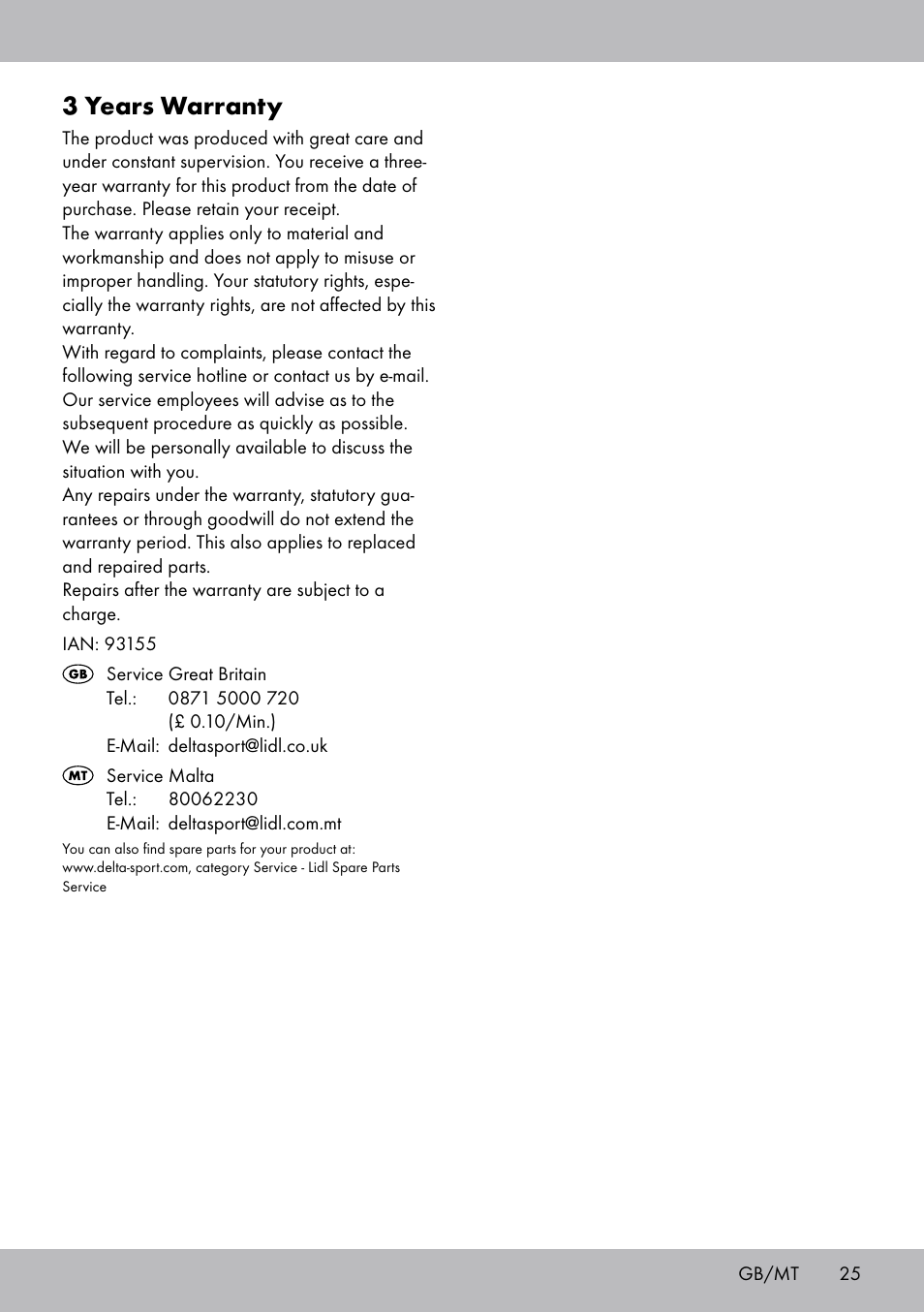 3 years warranty | Crivit TB-1443 User Manual | Page 25 / 32
