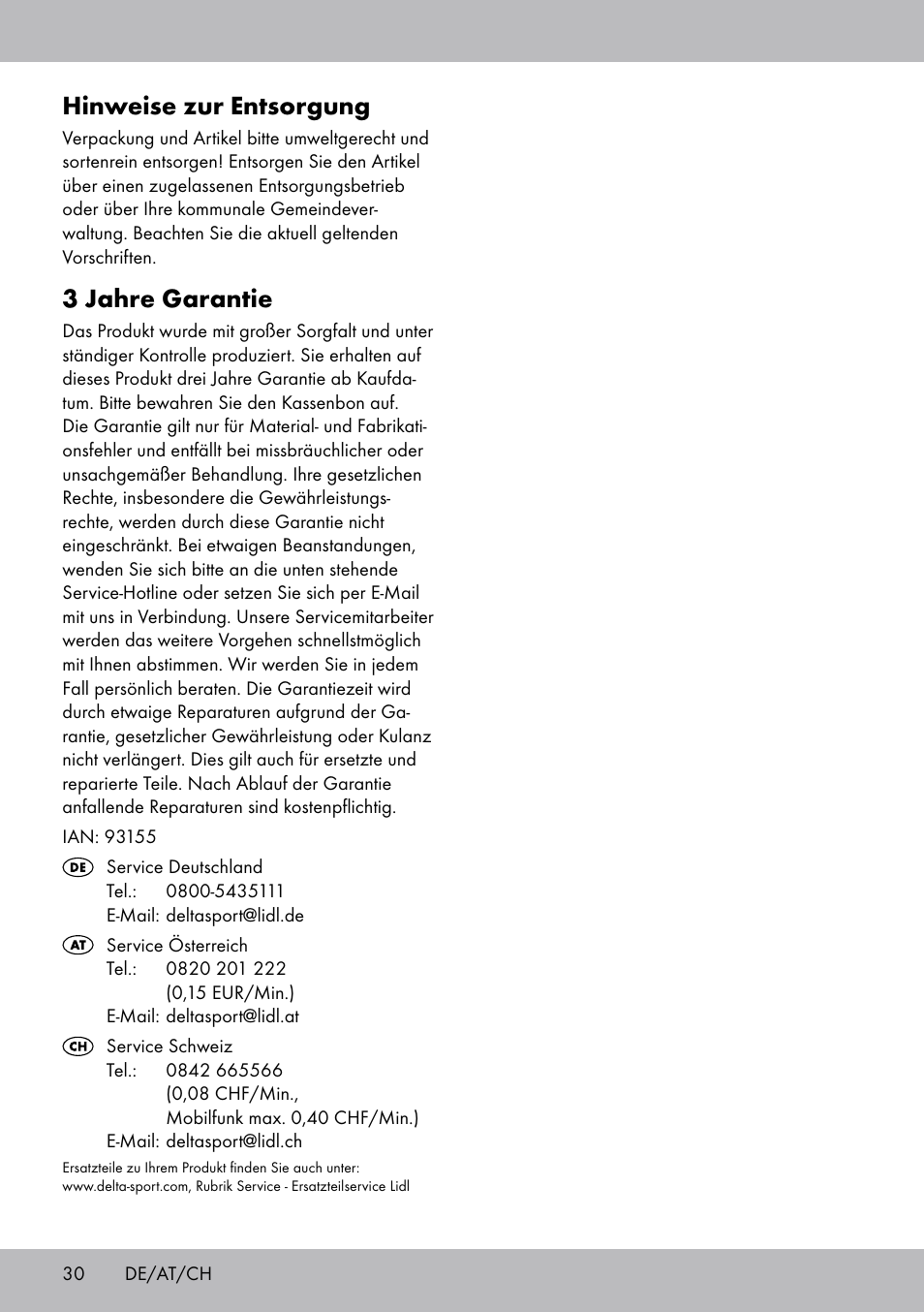Hinweise zur entsorgung, 3 jahre garantie | Crivit TB-1443 User Manual | Page 30 / 32