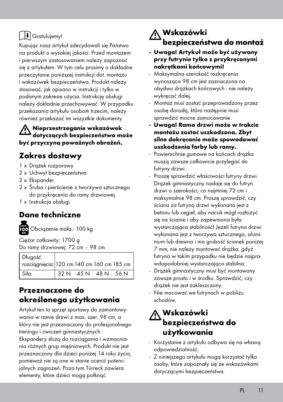 Zakres dostawy, Dane techniczne, Przeznaczone do określonego użytkowania | Wskazówki bezpieczeństwa do montaż, Wskazówki bezpieczeństwa do użytkowania | Crivit TB-1443 User Manual | Page 11 / 44
