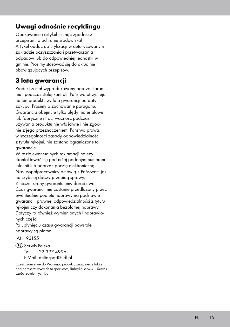 Uwagi odnośnie recyklingu, 3 lata gwarancji | Crivit TB-1443 User Manual | Page 15 / 44