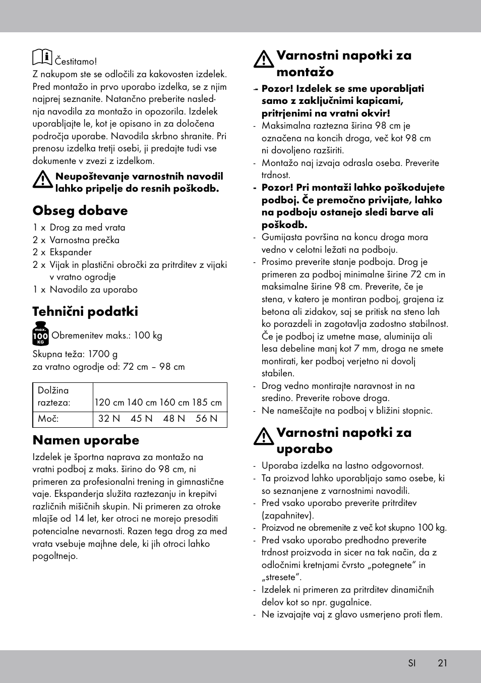 Obseg dobave, Tehnični podatki, Namen uporabe | Varnostni napotki za montažo, Varnostni napotki za uporabo | Crivit TB-1443 User Manual | Page 21 / 44