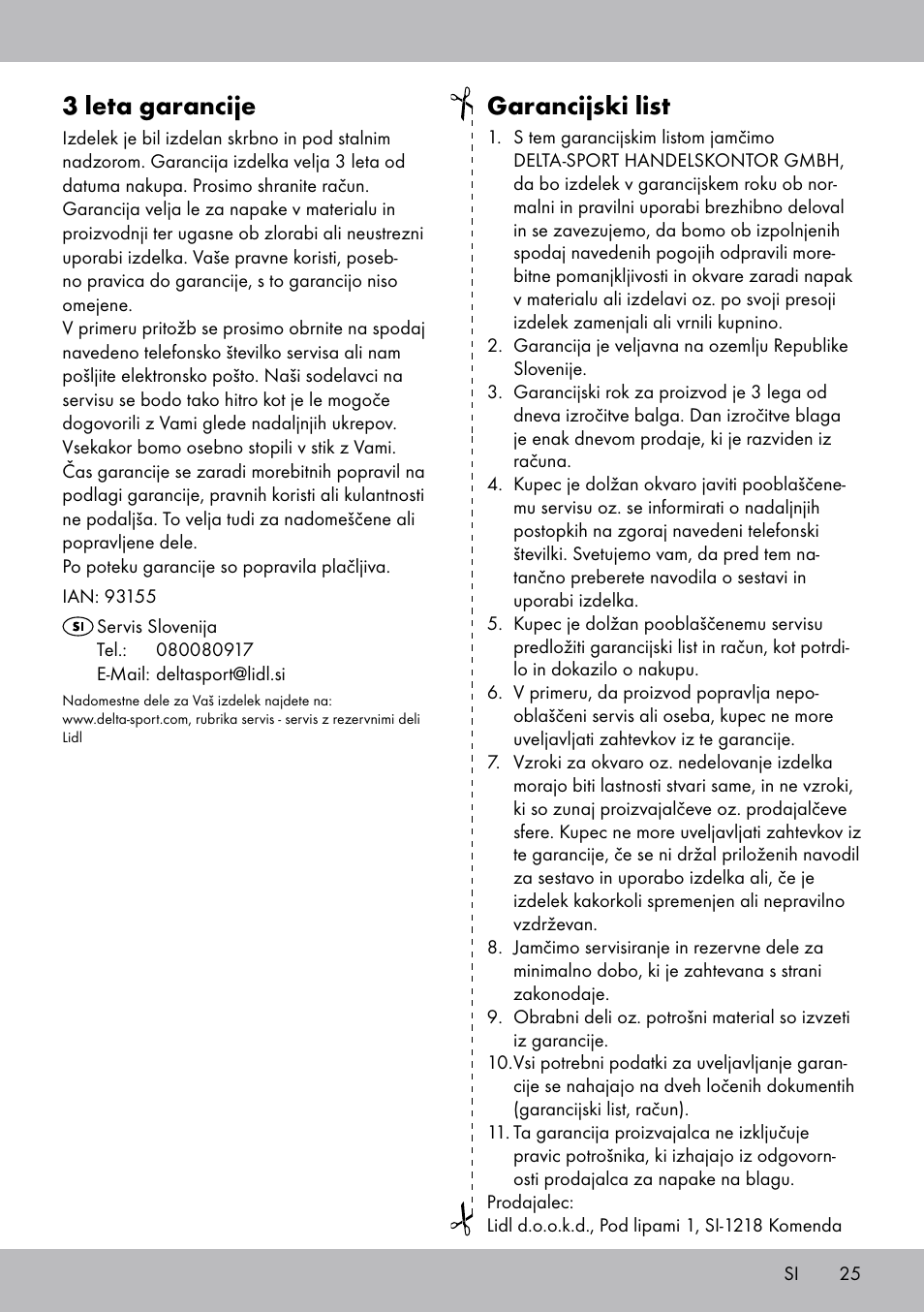 3 leta garancije, Garancijski list | Crivit TB-1443 User Manual | Page 25 / 44