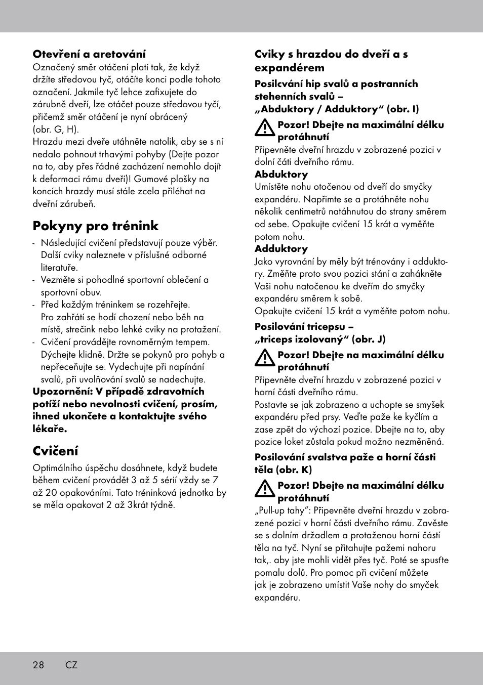 Pokyny pro trénink, Cvičení | Crivit TB-1443 User Manual | Page 28 / 44