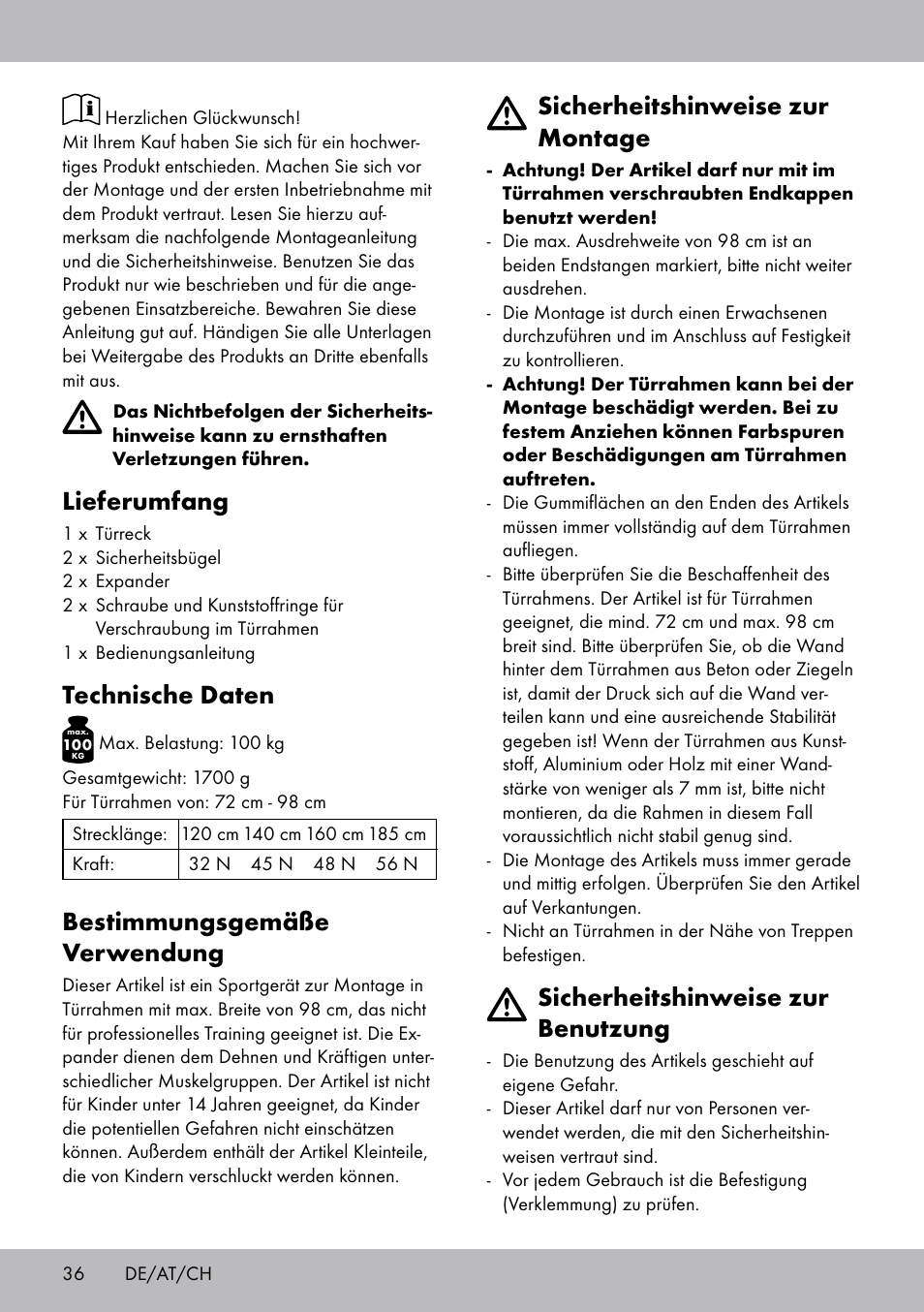 Lieferumfang, Technische daten, Bestimmungsgemäße verwendung | Sicherheitshinweise zur montage, Sicherheitshinweise zur benutzung | Crivit TB-1443 User Manual | Page 36 / 44