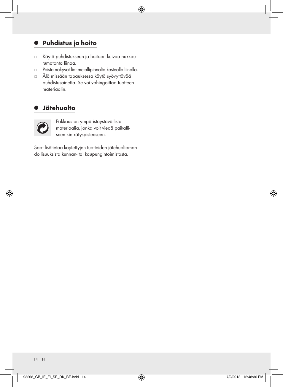 Puhdistus ja hoito, Jätehuolto | Crivit Z31742 User Manual | Page 15 / 47