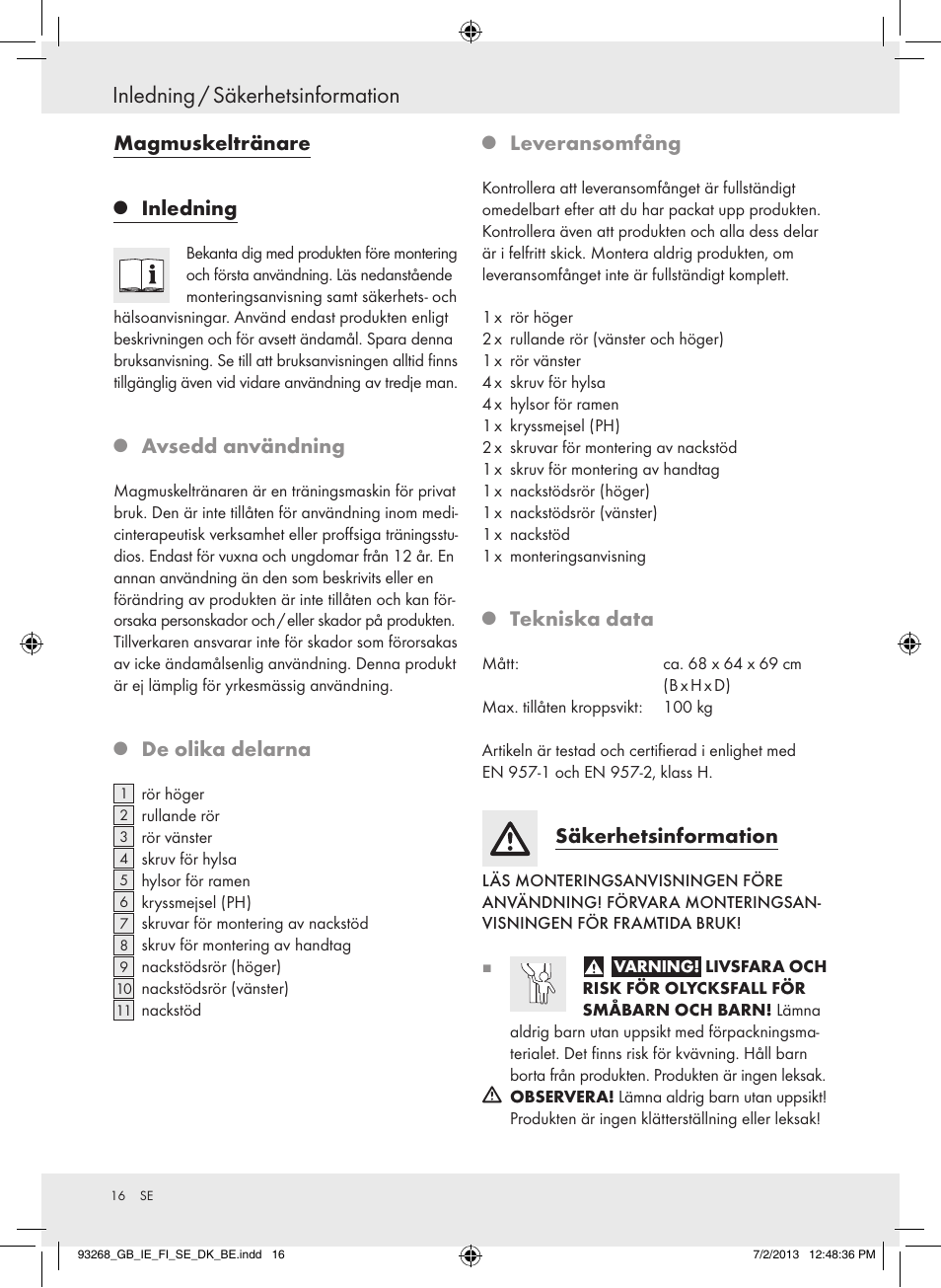 Inledning / säkerhetsinformation, Magmuskeltränare, Inledning | Avsedd användning, De olika delarna, Leveransomfång, Tekniska data, Säkerhetsinformation | Crivit Z31742 User Manual | Page 17 / 47