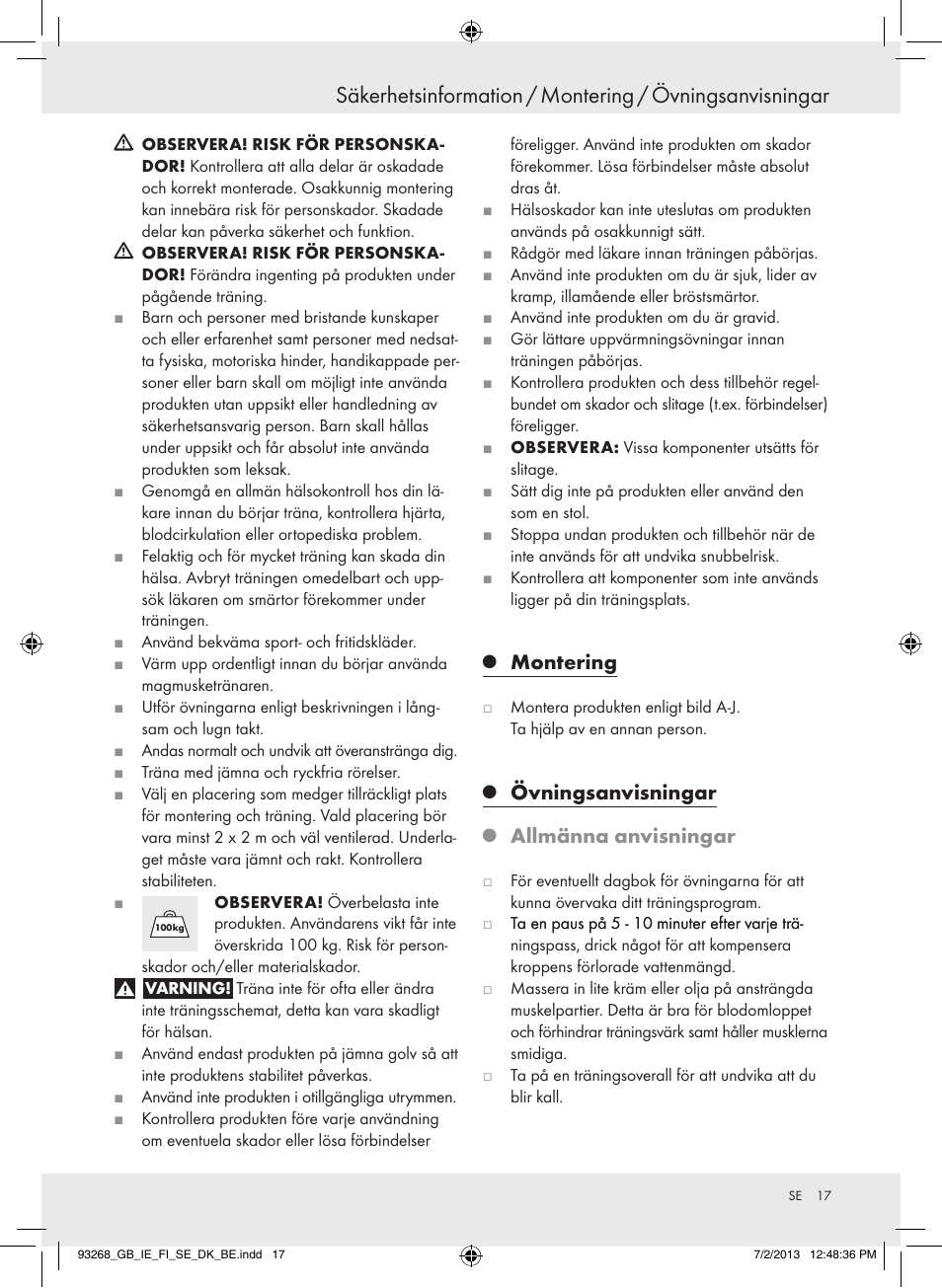 Montering, Övningsanvisningar, Allmänna anvisningar | Crivit Z31742 User Manual | Page 18 / 47