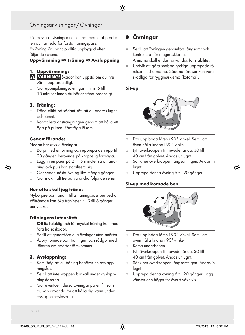 Övningsanvisningar / övningar, Övningar | Crivit Z31742 User Manual | Page 19 / 47